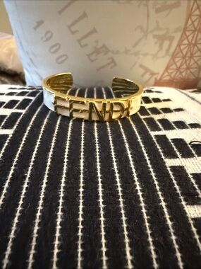 Fendi Gold and White Logo Cuff Bracelet